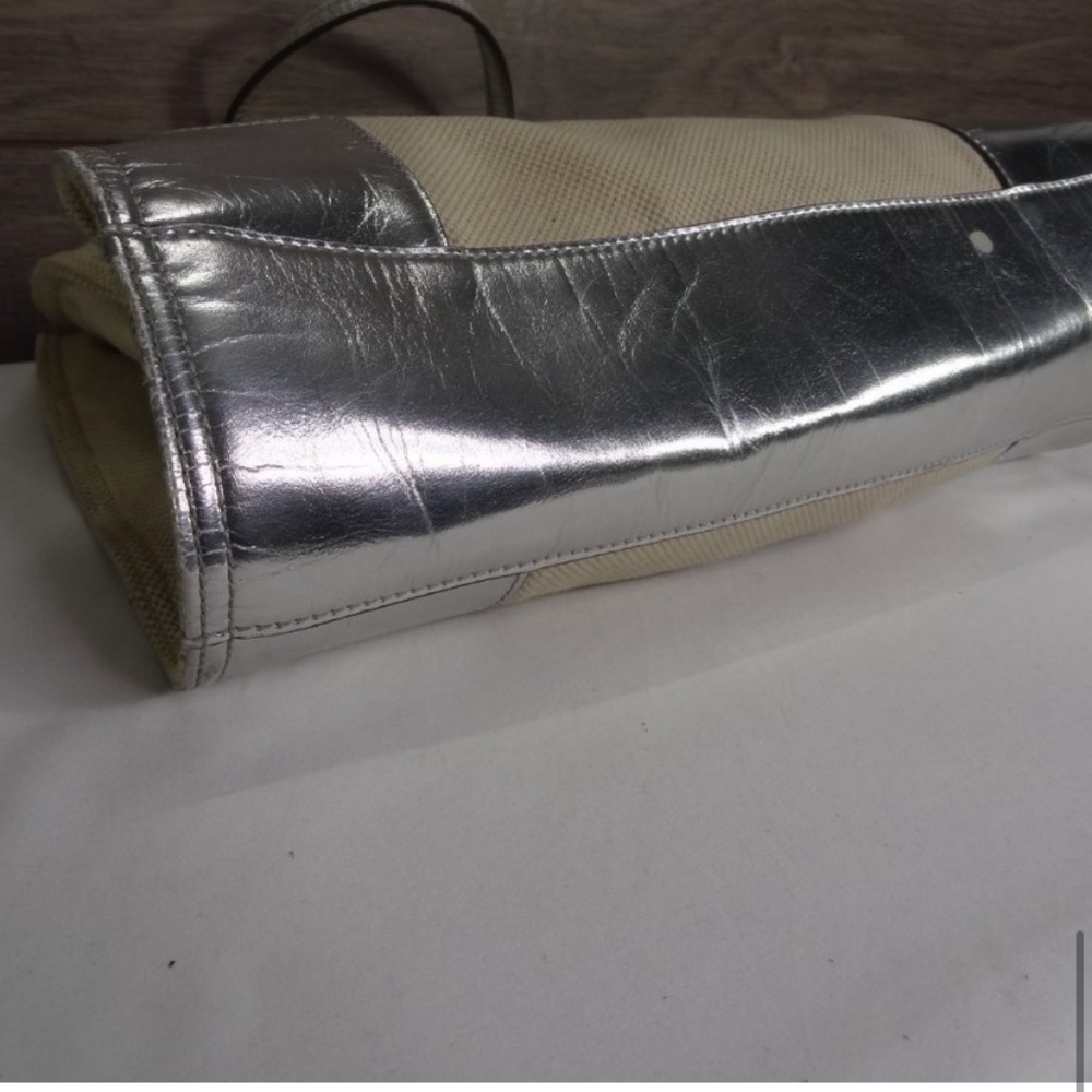 Tory Burch Small Ella Natural Canvas Silver Leather Trim Tote Bag Purse - Picture 6 of 8